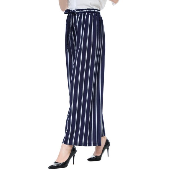 Striped Loose Wide Leg Trousers High Waist Tie Bow - Picture 4 of 8